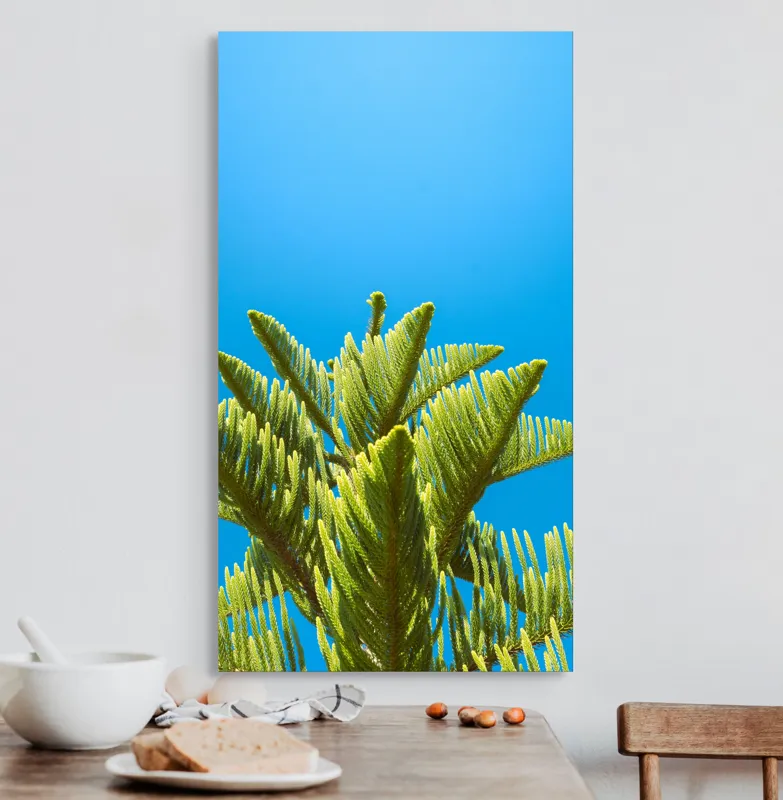 Tablou Canvas, "Verdele naturii sub cerul albastru", Frunziș, Cer, Verde, Albastru, Vârfuri, Natură, Soare, Luminozitate, Vară, 50 x 90 cm – poza 3
