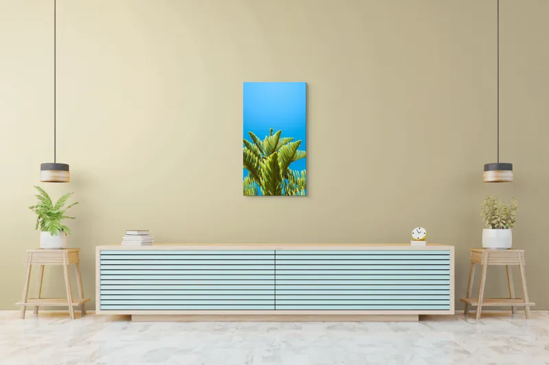Tablou Canvas, "Verdele naturii sub cerul albastru", Frunziș, Cer, Verde, Albastru, Vârfuri, Natură, Soare, Luminozitate, Vară, 50 x 90 cm – poza 6