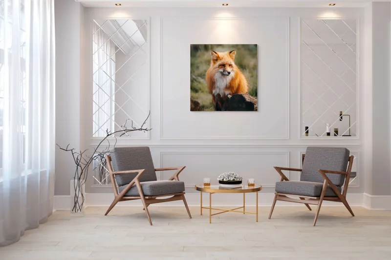 Tablou Canvas, "Vulpea în așteptarea aventurii pădurii", Roșcat, Blană, Vulpe, Natural, Pădure, Elegant, Vulpină, Sălbatică, 100 x 100 cm – poza 7