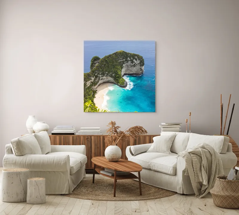 Tablou Canvas, "Plaja ascunsă din paradisul tropical", Ocean, Plajă, Stânci, Vegetație, Cer, Azur, Valuri, Timp Liber, Relaxare, Peisaj., 100 x 100 cm – poza 3