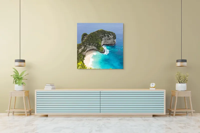 Tablou Canvas, "Plaja ascunsă din paradisul tropical", Ocean, Plajă, Stânci, Vegetație, Cer, Azur, Valuri, Timp Liber, Relaxare, Peisaj., 100 x 100 cm – poza 5