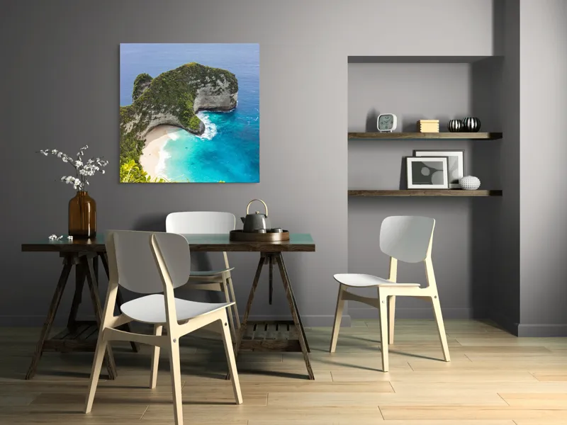 Tablou Canvas, "Plaja ascunsă din paradisul tropical", Ocean, Plajă, Stânci, Vegetație, Cer, Azur, Valuri, Timp Liber, Relaxare, Peisaj., 100 x 100 cm – poza 6