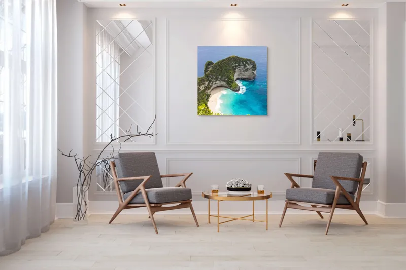 Tablou Canvas, "Plaja ascunsă din paradisul tropical", Ocean, Plajă, Stânci, Vegetație, Cer, Azur, Valuri, Timp Liber, Relaxare, Peisaj., 100 x 100 cm – poza 7