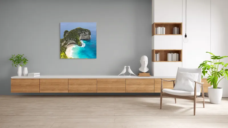 Tablou Canvas, "Plaja ascunsă din paradisul tropical", Ocean, Plajă, Stânci, Vegetație, Cer, Azur, Valuri, Timp Liber, Relaxare, Peisaj., 100 x 100 cm – poza 8
