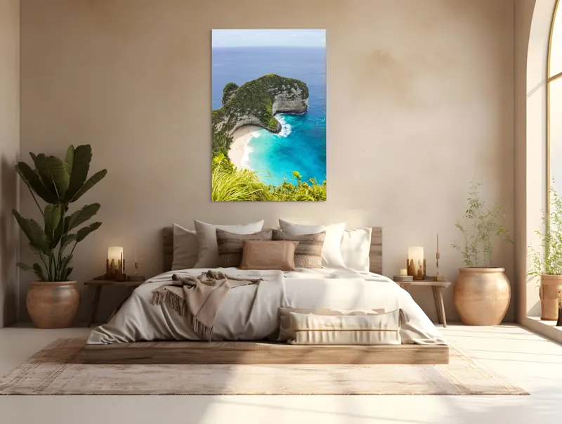 Tablou Canvas, "Plaja ascunsă din paradisul tropical", Ocean, Plajă, Stânci, Vegetație, Cer, Azur, Valuri, Timp Liber, Relaxare, Peisaj., 100 x 150 cm – poza 3