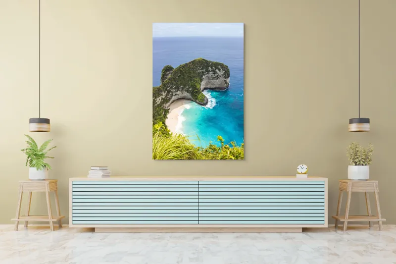 Tablou Canvas, "Plaja ascunsă din paradisul tropical", Ocean, Plajă, Stânci, Vegetație, Cer, Azur, Valuri, Timp Liber, Relaxare, Peisaj., 100 x 150 cm – poza 4