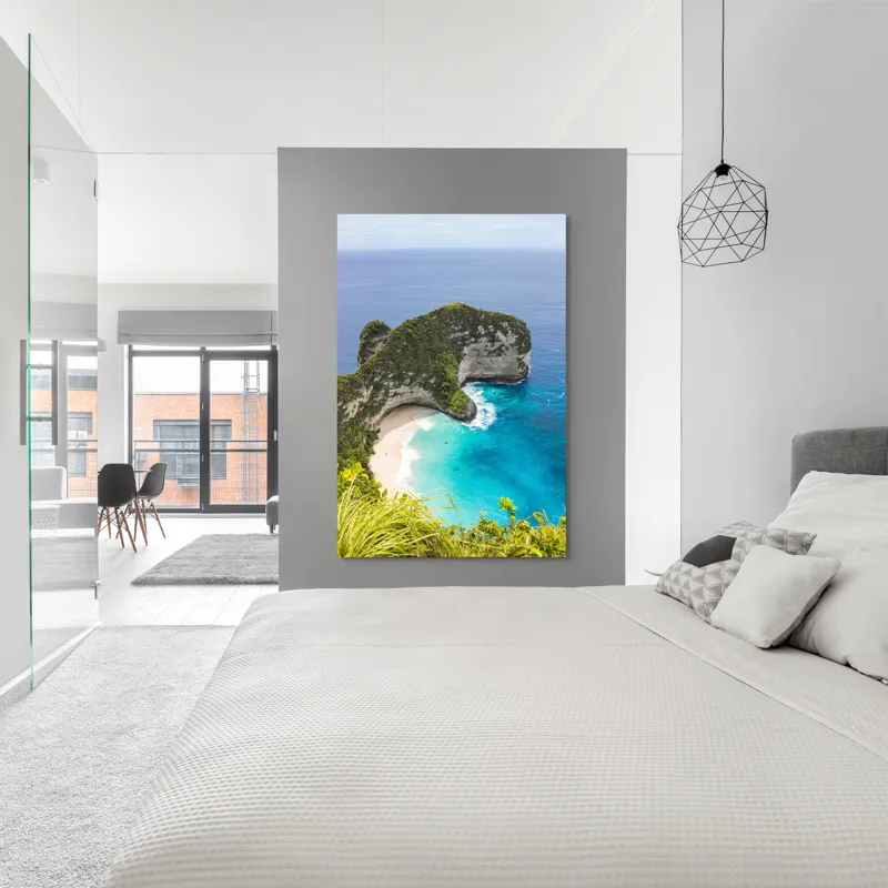 Tablou Canvas, "Plaja ascunsă din paradisul tropical", Ocean, Plajă, Stânci, Vegetație, Cer, Azur, Valuri, Timp Liber, Relaxare, Peisaj., 100 x 150 cm – poza 5