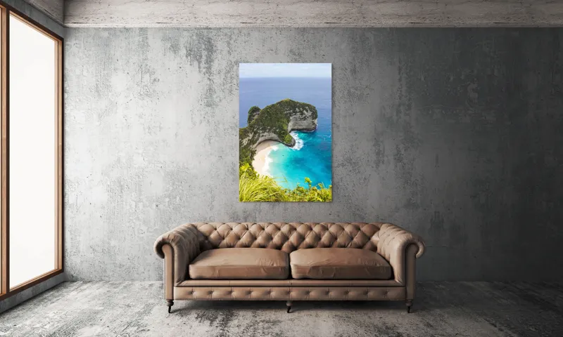 Tablou Canvas, "Plaja ascunsă din paradisul tropical", Ocean, Plajă, Stânci, Vegetație, Cer, Azur, Valuri, Timp Liber, Relaxare, Peisaj., 100 x 150 cm – poza 6