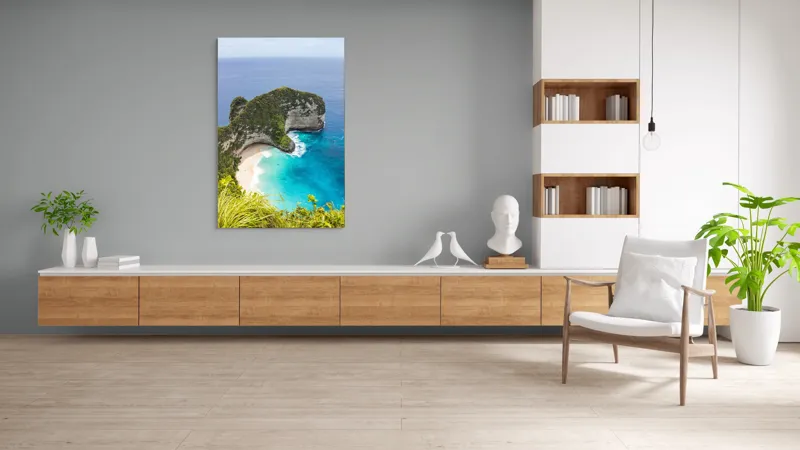 Tablou Canvas, "Plaja ascunsă din paradisul tropical", Ocean, Plajă, Stânci, Vegetație, Cer, Azur, Valuri, Timp Liber, Relaxare, Peisaj., 100 x 150 cm – poza 8