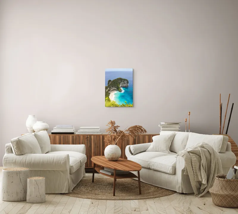 Tablou Canvas, "Plaja ascunsă din paradisul tropical", Ocean, Plajă, Stânci, Vegetație, Cer, Azur, Valuri, Timp Liber, Relaxare, Peisaj., 39 x 54 cm – poza 5