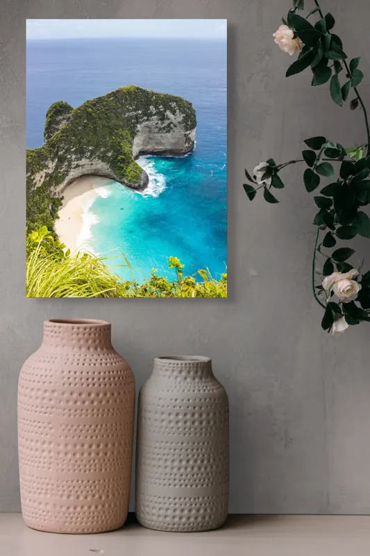 Tablou Canvas, "Plaja ascunsă din paradisul tropical", Ocean, Plajă, Stânci, Vegetație, Cer, Azur, Valuri, Timp Liber, Relaxare, Peisaj., 39 x 54 cm – poza 6