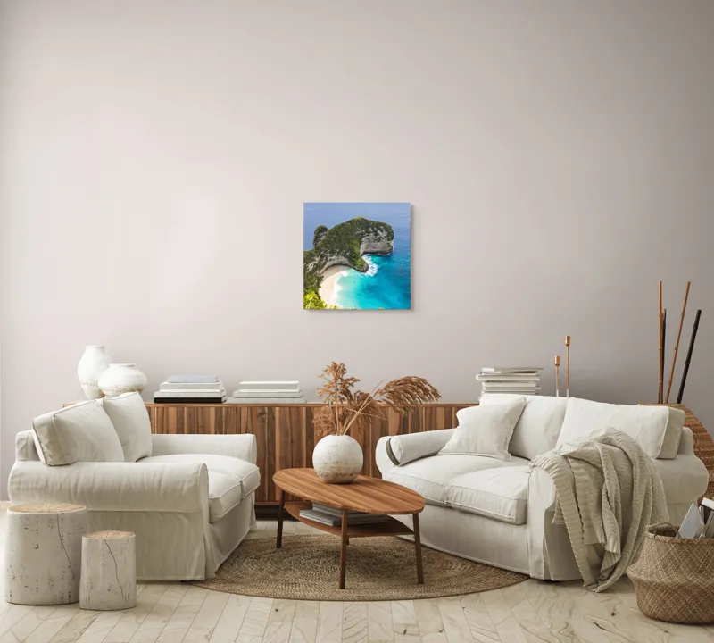 Tablou Canvas, "Plaja ascunsă din paradisul tropical", Ocean, Plajă, Stânci, Vegetație, Cer, Azur, Valuri, Timp Liber, Relaxare, Peisaj., 50 x 50 cm – poza 7