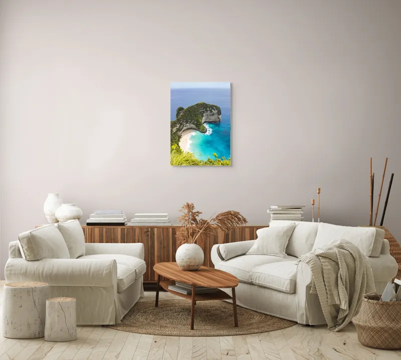 Tablou Canvas, "Plaja ascunsă din paradisul tropical", Ocean, Plajă, Stânci, Vegetație, Cer, Azur, Valuri, Timp Liber, Relaxare, Peisaj., 50 x 70 cm – poza 4