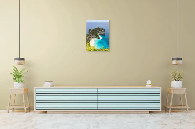 Tablou Canvas, "Plaja ascunsă din paradisul tropical", Ocean, Plajă, Stânci, Vegetație, Cer, Azur, Valuri, Timp Liber, Relaxare, Peisaj., 50 x 70 cm – poza 6