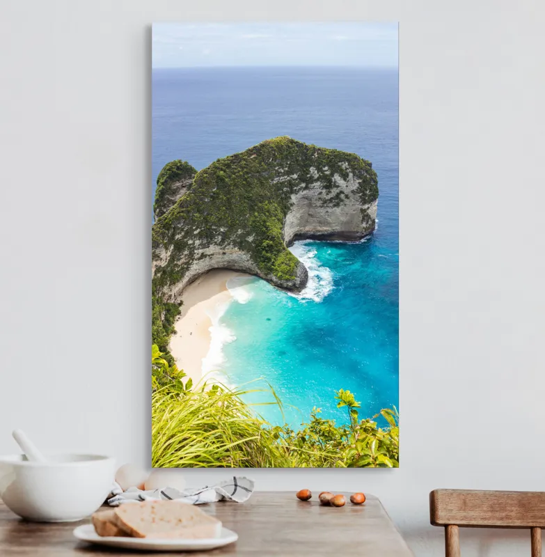 Tablou Canvas, "Plaja ascunsă din paradisul tropical", Ocean, Plajă, Stânci, Vegetație, Cer, Azur, Valuri, Timp Liber, Relaxare, Peisaj., 50 x 90 cm – poza 3