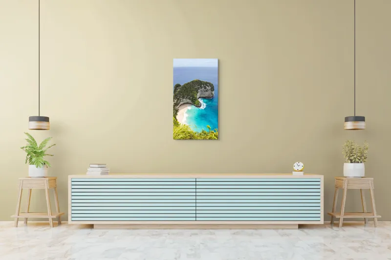 Tablou Canvas, "Plaja ascunsă din paradisul tropical", Ocean, Plajă, Stânci, Vegetație, Cer, Azur, Valuri, Timp Liber, Relaxare, Peisaj., 50 x 90 cm – poza 6