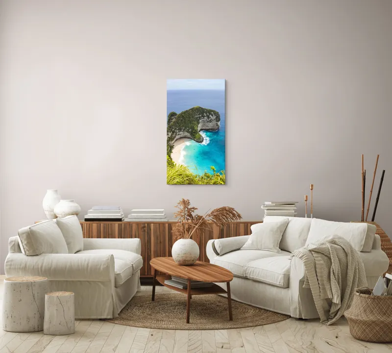Tablou Canvas, "Plaja ascunsă din paradisul tropical", Ocean, Plajă, Stânci, Vegetație, Cer, Azur, Valuri, Timp Liber, Relaxare, Peisaj., 50 x 90 cm – poza 7