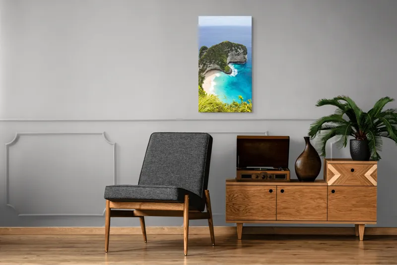 Tablou Canvas, "Plaja ascunsă din paradisul tropical", Ocean, Plajă, Stânci, Vegetație, Cer, Azur, Valuri, Timp Liber, Relaxare, Peisaj., 50 x 90 cm – poza 8