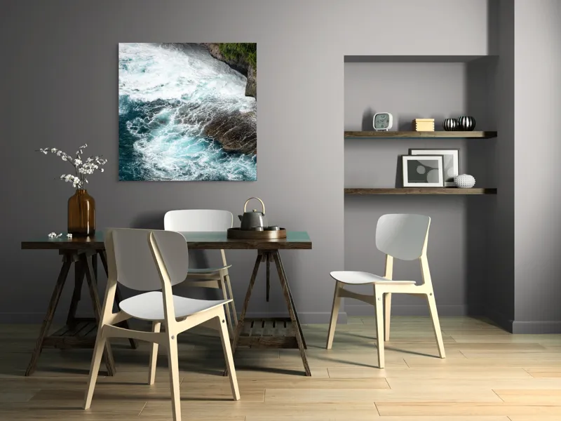 Tablou Canvas, "Vântul mării și stâncile rebele", Spumă, Valuri, Stânci, Ocean, Vegetație, Albastru, Natură, Coastă., 100 x 100 cm – poza 6
