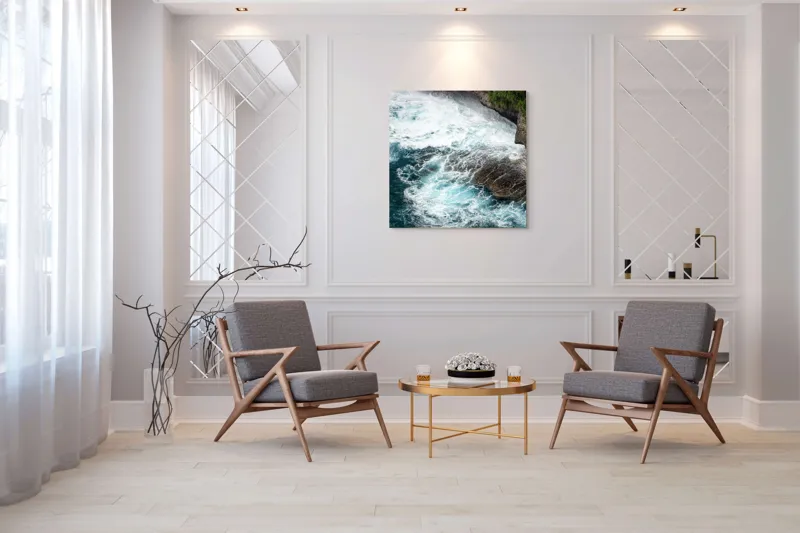 Tablou Canvas, "Vântul mării și stâncile rebele", Spumă, Valuri, Stânci, Ocean, Vegetație, Albastru, Natură, Coastă., 100 x 100 cm – poza 7