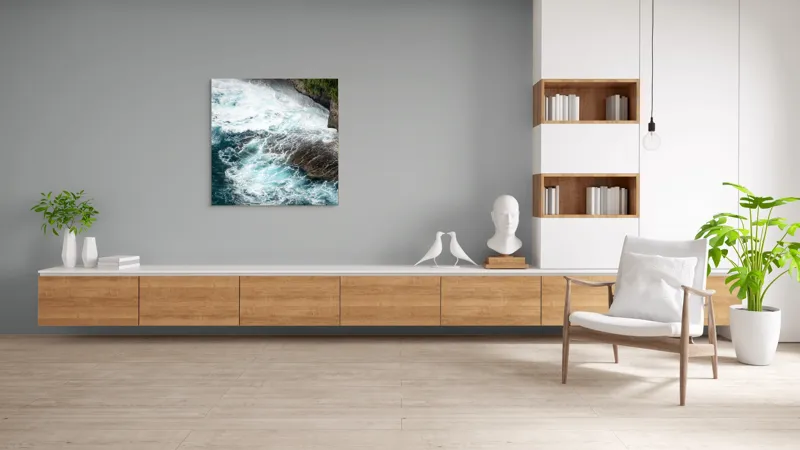Tablou Canvas, "Vântul mării și stâncile rebele", Spumă, Valuri, Stânci, Ocean, Vegetație, Albastru, Natură, Coastă., 100 x 100 cm – poza 8
