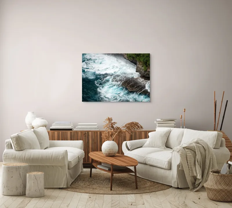 Tablou Canvas, "Vântul mării și stâncile rebele", Spumă, Valuri, Stânci, Ocean, Vegetație, Albastru, Natură, Coastă., 100 x 70 cm – poza 3