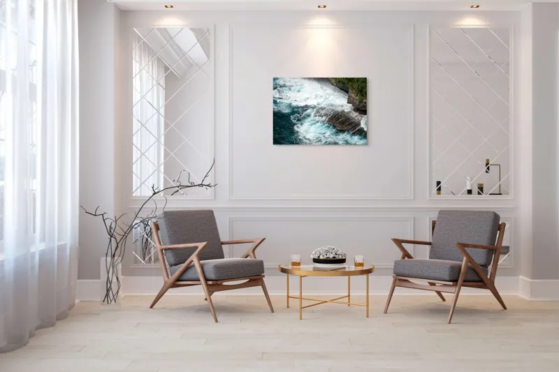 Tablou Canvas, "Vântul mării și stâncile rebele", Spumă, Valuri, Stânci, Ocean, Vegetație, Albastru, Natură, Coastă., 100 x 70 cm – poza 5