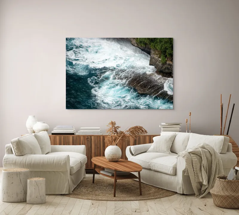 Tablou Canvas, "Vântul mării și stâncile rebele", Spumă, Valuri, Stânci, Ocean, Vegetație, Albastru, Natură, Coastă., 150 x 100 cm – poza 3