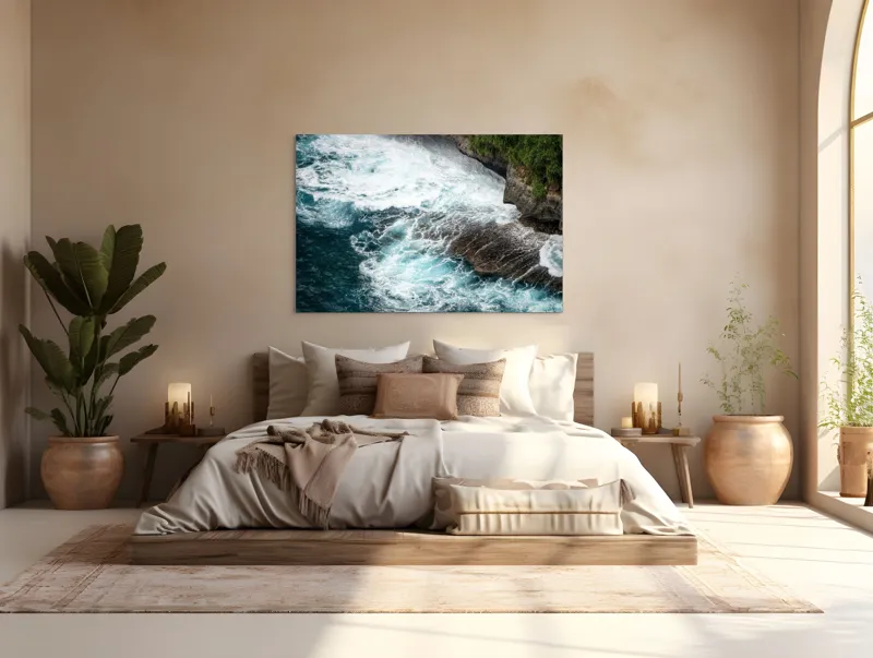 Tablou Canvas, "Vântul mării și stâncile rebele", Spumă, Valuri, Stânci, Ocean, Vegetație, Albastru, Natură, Coastă., 150 x 100 cm – poza 4