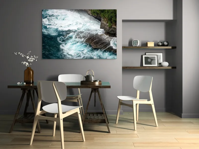 Tablou Canvas, "Vântul mării și stâncile rebele", Spumă, Valuri, Stânci, Ocean, Vegetație, Albastru, Natură, Coastă., 150 x 100 cm – poza 5