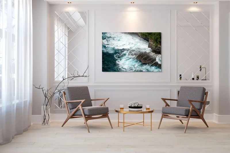 Tablou Canvas, "Vântul mării și stâncile rebele", Spumă, Valuri, Stânci, Ocean, Vegetație, Albastru, Natură, Coastă., 150 x 100 cm – poza 7