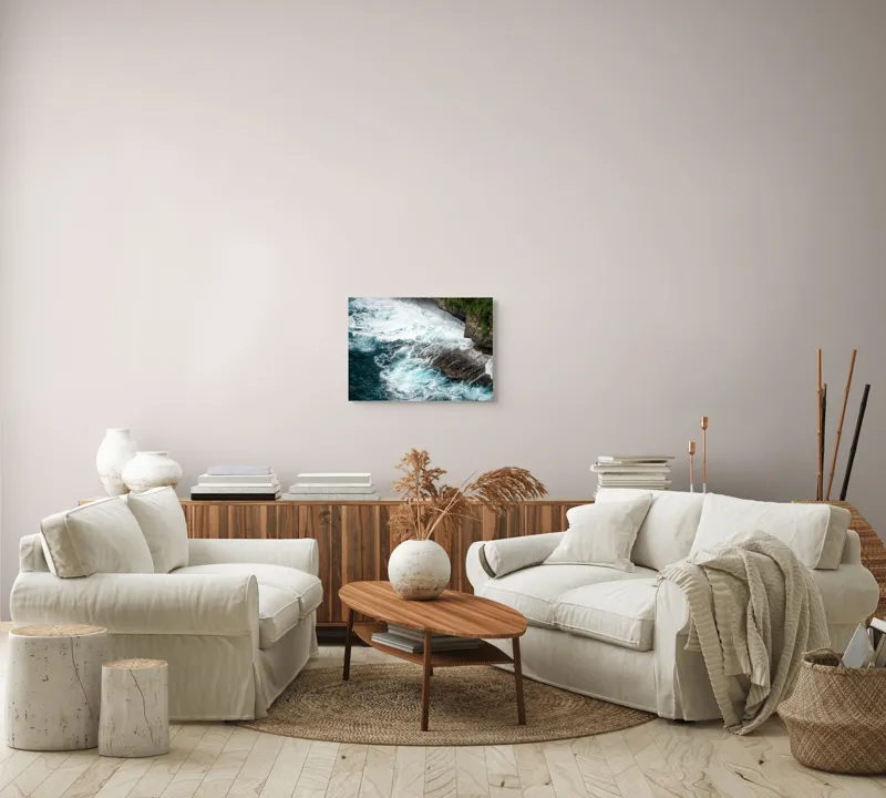 Tablou Canvas, "Vântul mării și stâncile rebele", Spumă, Valuri, Stânci, Ocean, Vegetație, Albastru, Natură, Coastă., 54 x 39 cm – poza 5