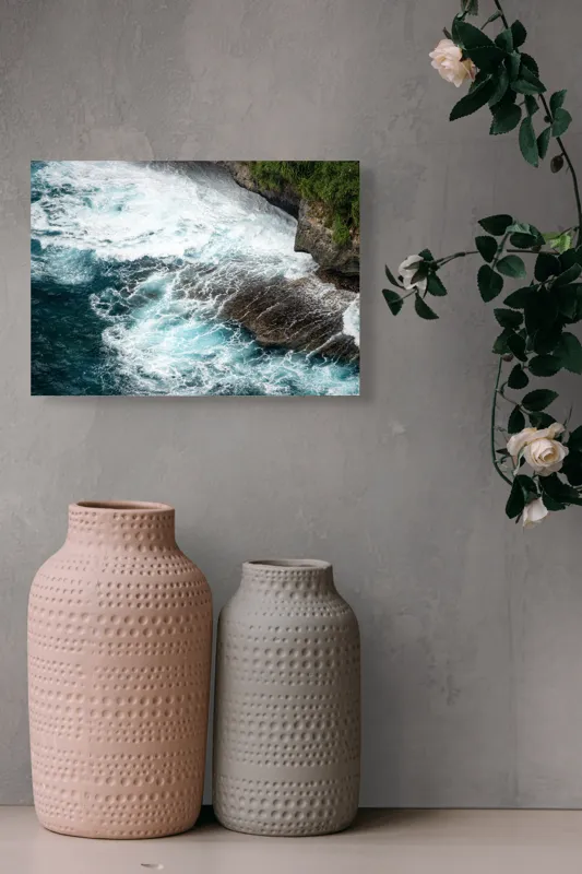 Tablou Canvas, "Vântul mării și stâncile rebele", Spumă, Valuri, Stânci, Ocean, Vegetație, Albastru, Natură, Coastă., 54 x 39 cm – poza 8