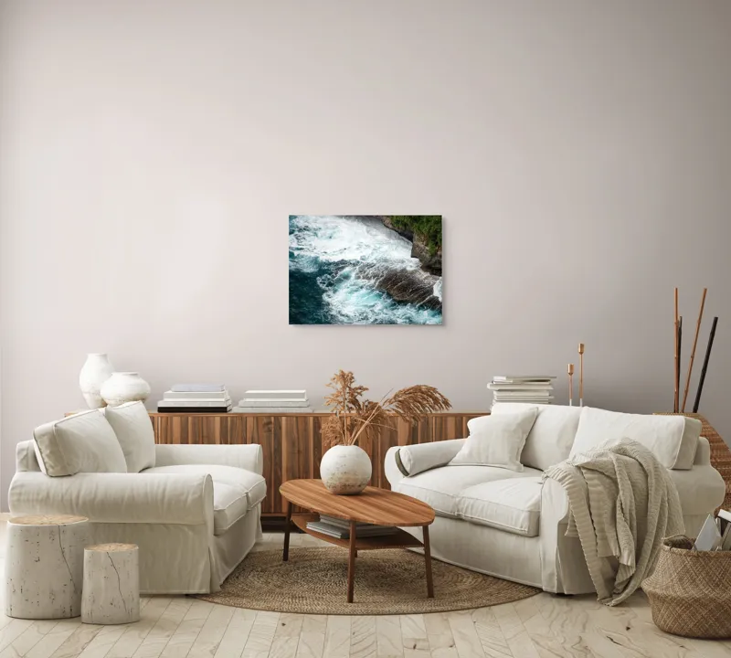 Tablou Canvas, "Vântul mării și stâncile rebele", Spumă, Valuri, Stânci, Ocean, Vegetație, Albastru, Natură, Coastă., 70 x 50 cm – poza 6