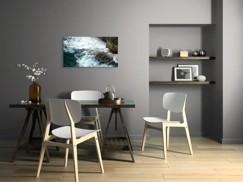 Tablou Canvas, "Vântul mării și stâncile rebele", Spumă, Valuri, Stânci, Ocean, Vegetație, Albastru, Natură, Coastă., 90 x 50 cm – poza 3