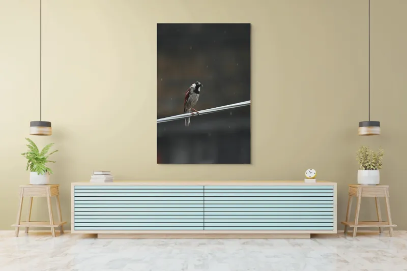 Tablou Canvas, "Vrăbioara în ploaia de toamnă", Pasăre, Cablu, Ploaie, Fundal, Singurătate, Natură, Melancolie, Pene, Cer, Liniște, 100 x 150 cm – poza 4