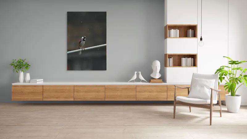 Tablou Canvas, "Vrăbioara în ploaia de toamnă", Pasăre, Cablu, Ploaie, Fundal, Singurătate, Natură, Melancolie, Pene, Cer, Liniște, 100 x 150 cm – poza 8