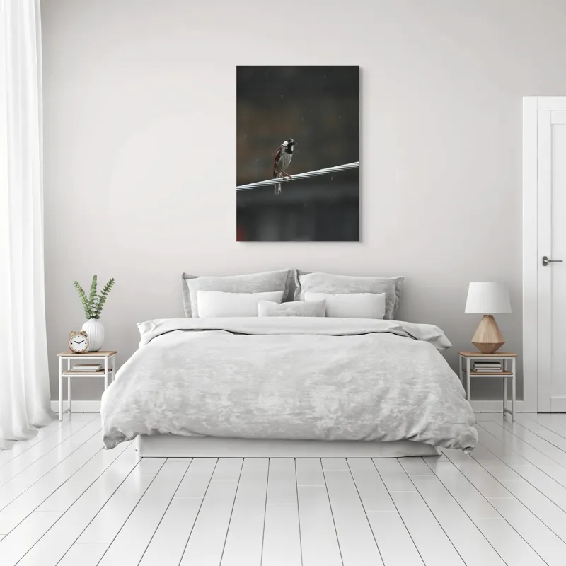 Tablou Canvas, "Vrăbioara în ploaia de toamnă", Pasăre, Cablu, Ploaie, Fundal, Singurătate, Natură, Melancolie, Pene, Cer, Liniște, 70 x 100 cm – poza 3