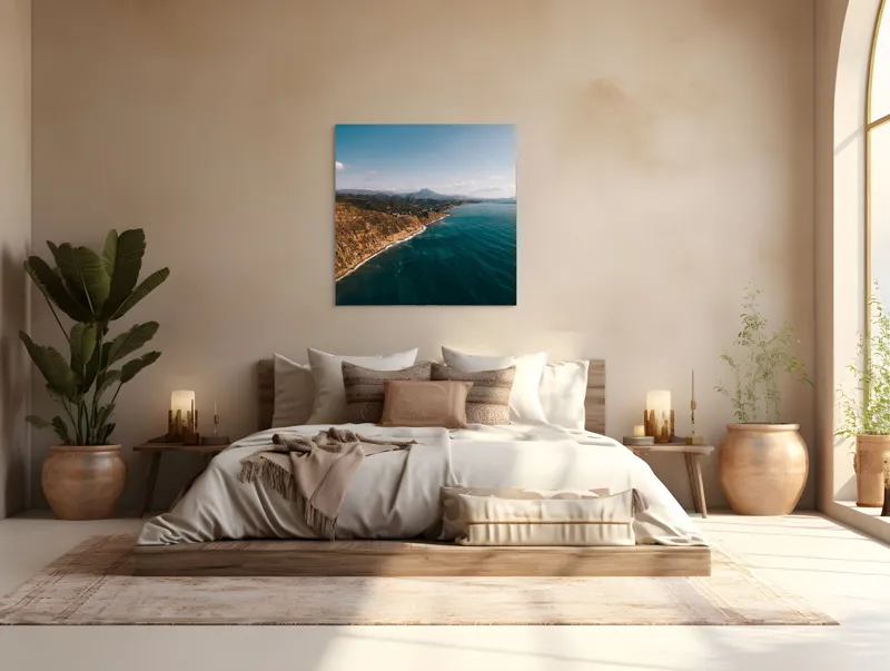 Tablou Canvas, "Marea îmbrățișând țărmul stâncos", Pământ, Mare, Cer, Nori, Coastă, Valuri, Peisaj, Liniște, Natură, Lumină, Orizont, Coline, Albastru, Contrast, Frumusețe, 100 x 100 cm – poza 4