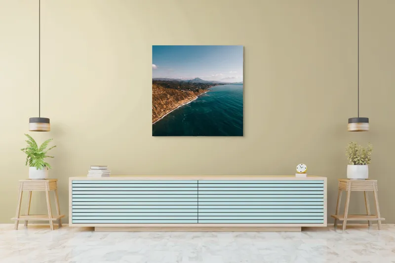 Tablou Canvas, "Marea îmbrățișând țărmul stâncos", Pământ, Mare, Cer, Nori, Coastă, Valuri, Peisaj, Liniște, Natură, Lumină, Orizont, Coline, Albastru, Contrast, Frumusețe, 100 x 100 cm – poza 5