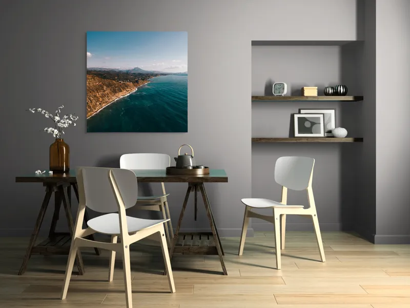 Tablou Canvas, "Marea îmbrățișând țărmul stâncos", Pământ, Mare, Cer, Nori, Coastă, Valuri, Peisaj, Liniște, Natură, Lumină, Orizont, Coline, Albastru, Contrast, Frumusețe, 100 x 100 cm – poza 6