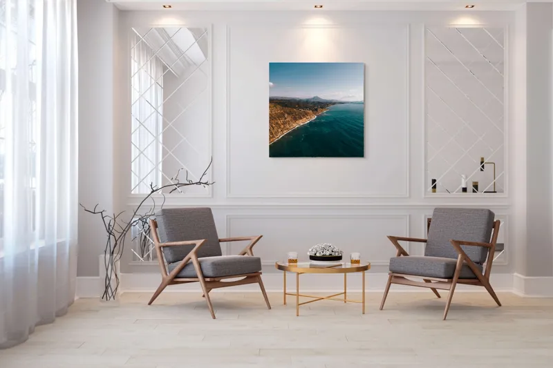 Tablou Canvas, "Marea îmbrățișând țărmul stâncos", Pământ, Mare, Cer, Nori, Coastă, Valuri, Peisaj, Liniște, Natură, Lumină, Orizont, Coline, Albastru, Contrast, Frumusețe, 100 x 100 cm – poza 7