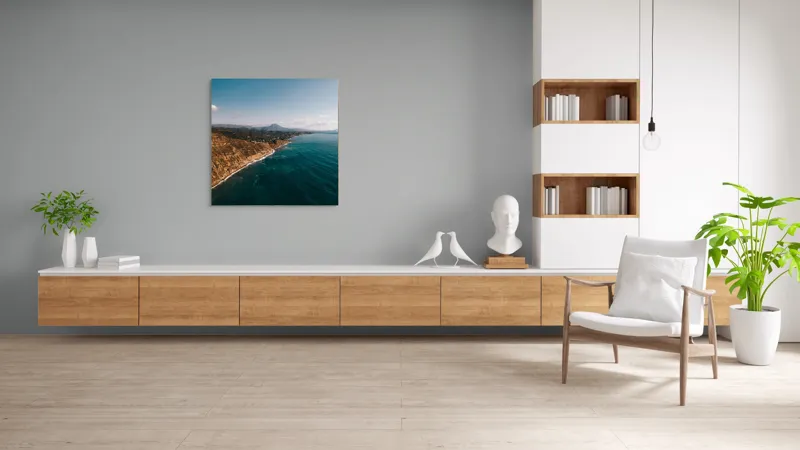 Tablou Canvas, "Marea îmbrățișând țărmul stâncos", Pământ, Mare, Cer, Nori, Coastă, Valuri, Peisaj, Liniște, Natură, Lumină, Orizont, Coline, Albastru, Contrast, Frumusețe, 100 x 100 cm – poza 8