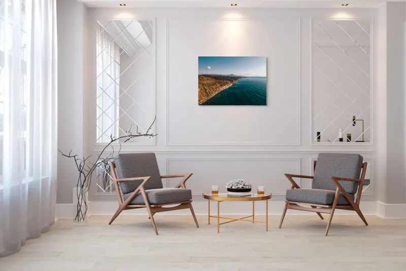 Tablou Canvas, "Marea îmbrățișând țărmul stâncos", Pământ, Mare, Cer, Nori, Coastă, Valuri, Peisaj, Liniște, Natură, Lumină, Orizont, Coline, Albastru, Contrast, Frumusețe, 100 x 70 cm – poza 5