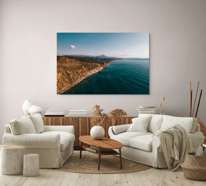 Tablou Canvas, "Marea îmbrățișând țărmul stâncos", Pământ, Mare, Cer, Nori, Coastă, Valuri, Peisaj, Liniște, Natură, Lumină, Orizont, Coline, Albastru, Contrast, Frumusețe, 150 x 100 cm – poza 3