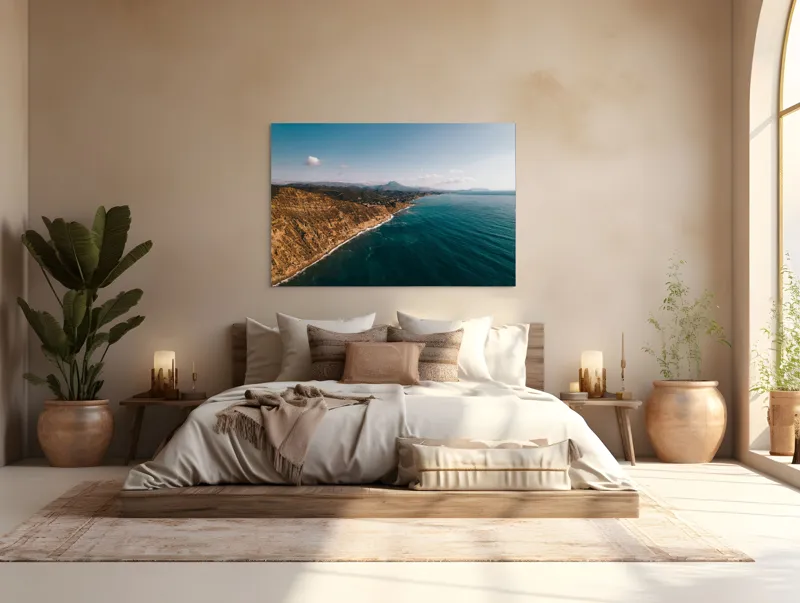 Tablou Canvas, "Marea îmbrățișând țărmul stâncos", Pământ, Mare, Cer, Nori, Coastă, Valuri, Peisaj, Liniște, Natură, Lumină, Orizont, Coline, Albastru, Contrast, Frumusețe, 150 x 100 cm – poza 4
