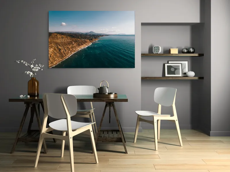 Tablou Canvas, "Marea îmbrățișând țărmul stâncos", Pământ, Mare, Cer, Nori, Coastă, Valuri, Peisaj, Liniște, Natură, Lumină, Orizont, Coline, Albastru, Contrast, Frumusețe, 150 x 100 cm – poza 5
