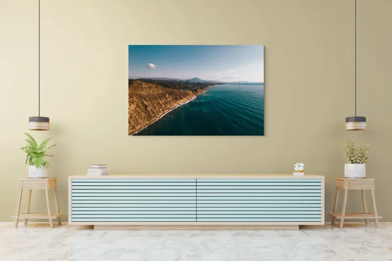 Tablou Canvas, "Marea îmbrățișând țărmul stâncos", Pământ, Mare, Cer, Nori, Coastă, Valuri, Peisaj, Liniște, Natură, Lumină, Orizont, Coline, Albastru, Contrast, Frumusețe, 150 x 100 cm – poza 6