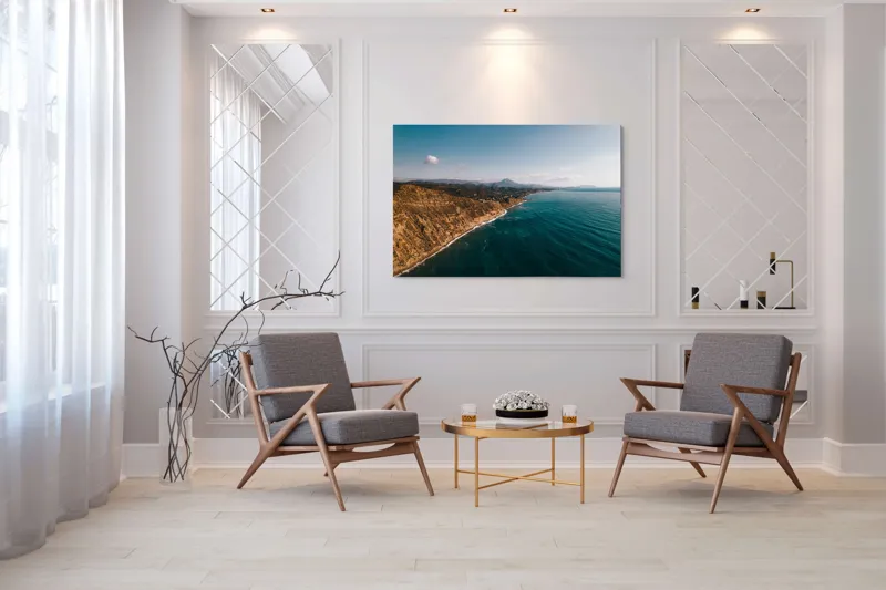 Tablou Canvas, "Marea îmbrățișând țărmul stâncos", Pământ, Mare, Cer, Nori, Coastă, Valuri, Peisaj, Liniște, Natură, Lumină, Orizont, Coline, Albastru, Contrast, Frumusețe, 150 x 100 cm – poza 7
