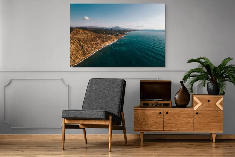 Tablou Canvas, "Marea îmbrățișând țărmul stâncos", Pământ, Mare, Cer, Nori, Coastă, Valuri, Peisaj, Liniște, Natură, Lumină, Orizont, Coline, Albastru, Contrast, Frumusețe, 150 x 100 cm – poza 8